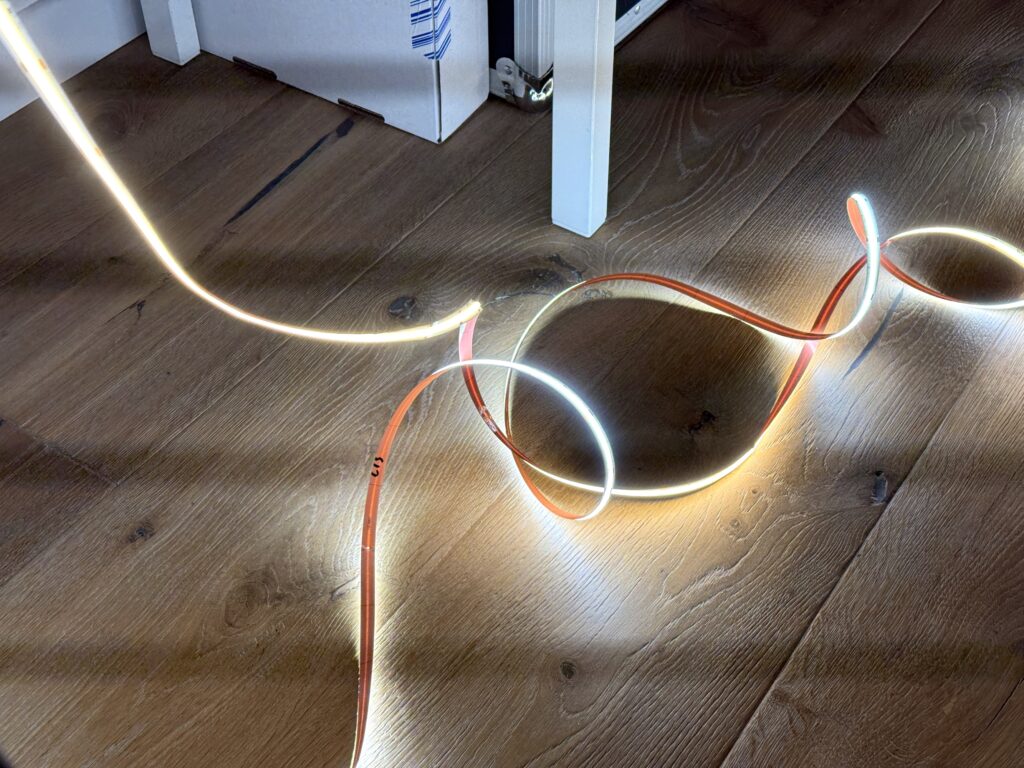 Bright COB LED strips, laid of the floor for testing